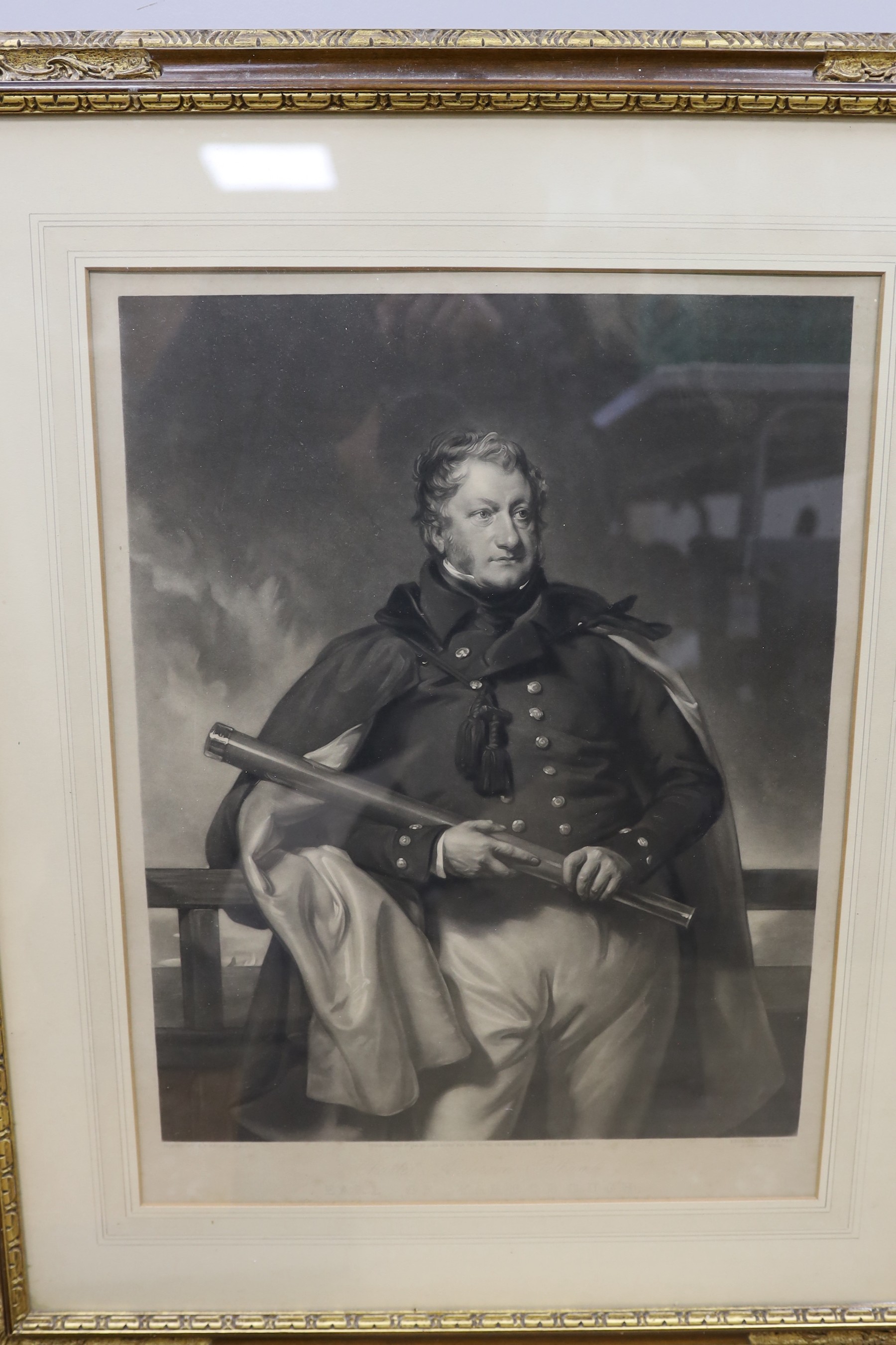 Ward after Briggs, mezzotint, Portrait of the Earl of Yarborough, 42 x 33cm, a colour mezzotint of a non-commissioned officer of the London Volunteer Cavalry by Ashby and Clint, 53 x 43cm